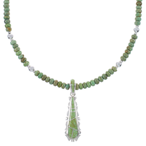 Southwest Turquoise Sterling Silver Tear Drop Pendant And Bead Necklace Set WX77564